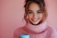 Young Caucasian woman with bright smile wearing pink turtleneck sweater holding turquoise coffee mug against pink background, natural makeup and messy updo hairstyle.