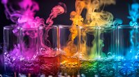 Colorful smoke rising from glass containers filled with vibrant liquids creating rainbow spectrum effect against dark background, dramatic lighting for creative design.