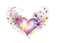 Watercolor heart with pink roses and purple lilies, decorative swirls and golden accents on white background for romantic designs and wedding invitations.