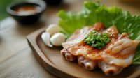 Fresh grilled squid with lettuce garnish served on wooden plate, selective focus on seafood with soy sauce dipping bowl in background, Asian cuisine style.