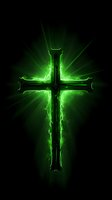 Glowing green cross with electric energy effect on black background, radiating light beams and lightning-like elements around religious symbol.