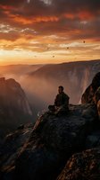 Man meditating on mountain cliff during dramatic sunset with flying birds over canyon landscape for mindfulness and spiritual wellness concepts.