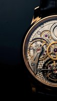 Luxury gold mechanical watch with exposed movement showing intricate gears and jewels on dark background for premium timepiece advertising.