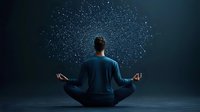 Caucasian man in lotus position meditating with glowing particles above, wearing casual clothes against dark background, spiritual enlightenment concept.