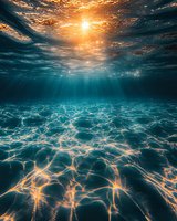 Sunlight penetrates deep ocean waters creating magical light patterns on sandy bottom while sun rays pierce through surface, perfect for nature and underwater themes.