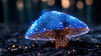 Glowing blue mushroom with bioluminescent cap and golden stem on dark forest floor, magical nature macro photography with bokeh lights in background.