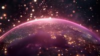 Glowing pink aurora over Earth horizon with city lights and stars, cosmic view from space showing planet surface with atmospheric glow and bokeh effects.