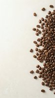 Roasted coffee beans scattered on neutral beige background with copy space, suitable for cafe branding, beverage packaging, and coffee shop marketing materials.