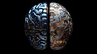 Metallic brain divided into two hemispheres showing circuit patterns and technological integration, representing artificial intelligence and human consciousness on black background.