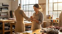 Young female fashion designer working with dress form mannequin in bright creative studio workspace with sewing supplies and fabric materials.