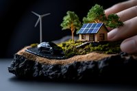 Miniature eco-friendly house with solar panels and electric car on rock formation, surrounded by tiny trees and wind turbine in background, sustainable living concept.
