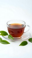 Glass cup of hot black tea with fresh green leaves on white background isolated for beverage and wellness design projects.