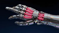 Futuristic robotic hand with metallic chrome finish and pink mechanical components showcasing advanced artificial intelligence and cybernetic technology.