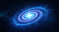 Cosmic spiral galaxy with bright blue energy waves and glowing center against starry space background for science fiction and astronomy projects.