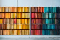 Colorful vintage books arranged in rainbow spectrum order on wooden shelves creating ombre effect from yellow through red to turquoise. Library interior design element.