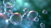 Floating soap bubbles with iridescent rainbow reflections against blurred emerald green background create dreamy atmospheric composition. Macro photography.