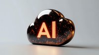 Glowing AI text in dark cloud shape with orange illumination and particle effects against neutral background, modern technology concept for cloud computing.