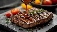 Grilled beef steak with barbecue sauce being poured on slate plate with fresh herbs and cherry tomatoes for gourmet dining and culinary presentation.