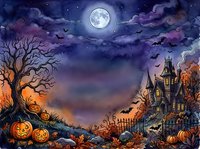Spooky Halloween night scene with haunted mansion, glowing pumpkins, bare tree, full moon and bats flying across purple starry sky creating atmospheric holiday backdrop.