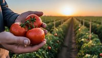 Fresh ripe tomatoes in farmer hands at sunset in agricultural field with rows of tomato plants stretching into distance during golden hour harvest time.