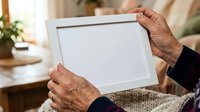 Senior adult with wrinkled hands holding blank tablet device, displaying empty screen for customizable content or messaging in home setting.