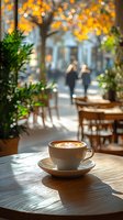 Latte art coffee cup on wooden table in cozy cafe with blurred people walking outside. Warm sunlight and bokeh create atmospheric morning ambiance.