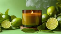 Aromatic candle in glass holder surrounded by fresh limes and green leaves on green background, with gentle smoke rising from glowing flame.
