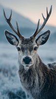 Close-up portrait of majestic deer stag with antlers looking directly at camera against blurred winter mountain landscape background for wildlife photography.