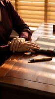 Professional businesswoman hands on leather portfolio at wooden desk with pen in warm office lighting with window blinds creating dramatic shadows.