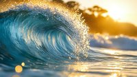 Powerful ocean wave curling at sunset with golden light shining through spray and water droplets creating magical bokeh effect on tropical seascape background.