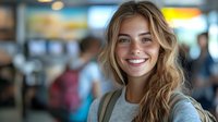 Happy young blonde woman smiling at airport terminal with luggage, travel and vacation concept for lifestyle and tourism marketing materials.
