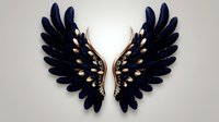 Black and gold angel wings with detailed feathers spread symmetrically against neutral background, isolated design element for creative projects and decorative use.