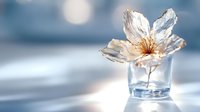 Delicate white flower with translucent petals in small glass vase on bright surface with soft bokeh background creating peaceful minimalist composition.