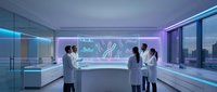Futuristic medical laboratory with diverse healthcare professionals analyzing data on holographic displays in modern clinical research facility.