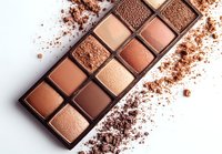 Makeup palette with nude and brown tones scattered with loose powder on white background, showcasing professional cosmetic textures and colors.