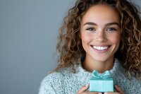 Young mixed race woman with curly hair and bright smile holding turquoise gift box against gray background. Celebration and giving concept.