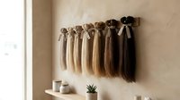 Professional hair extensions collection in natural blonde and brunette shades displayed on wall hooks for salon styling and beauty treatments.