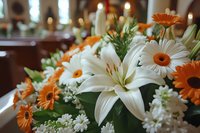 Elegant floral arrangement featuring white lilies and orange gerbera daisies with soft candlelight backdrop, perfect for wedding ceremonies and romantic celebrations.