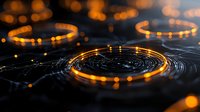 Glowing orange circular light trails with bokeh effects on dark background create futuristic technology concept with spiral motion and depth of field.