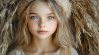 Young Caucasian woman with blonde hair and striking blue eyes in natural light, surrounded by dried pampas grass and wheat stalks creating soft ethereal atmosphere.