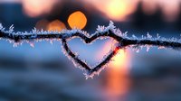 Delicate frost crystals form heart shape on winter branch with glowing sunset bokeh in background, creating romantic natural phenomenon in cold weather.