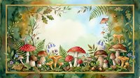 Watercolor forest frame with red and brown mushrooms, ferns, wildflowers, and oak leaves, forming a decorative border with copy space.