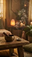 Burning incense stick with aromatic smoke rising from wooden bowl on rustic table in cozy meditation room with warm candlelight and salt lamp creating peaceful atmosphere.
