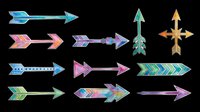Colorful boho arrow clipart set isolated on transparent background, featuring tribal patterns in teal, purple, and orange tones, ready for stickers, t-shirt design, and print on demand.