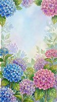 Watercolor hydrangea flowers frame with blue, pink and purple blooms on soft pastel background for spring wedding invitations and floral designs.