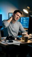 Young Caucasian male programmer experiencing neck pain while working late at computer desk with multiple monitors in modern office workspace.