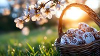 Easter eggs with traditional folk patterns in woven basket under blooming cherry tree branch at sunset, spring festive composition on natural background.