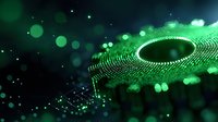 Glowing green particles form circular pattern with bokeh light effects on dark background, creating futuristic digital technology visualization.