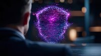Businessman observing glowing purple holographic sphere with particle effects floating in dark office space, futuristic technology visualization concept.