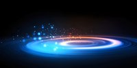 Glowing spiral light trail with blue and pink neon effect against dark background, dynamic motion blur and sparkling particles creating cosmic atmosphere.